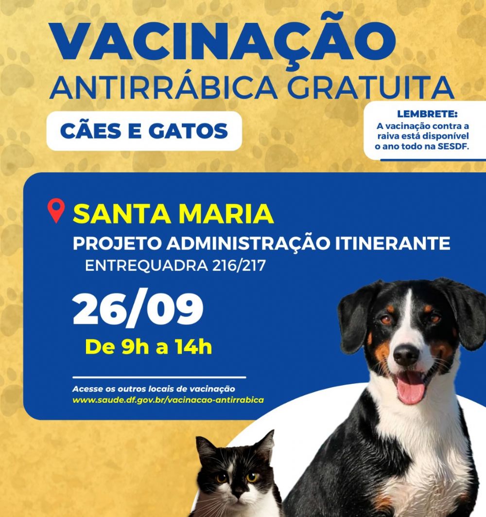 Dia 26 tem vacinação antirrábica gratuita para cães e gatos na 216/217 de Santa Maria